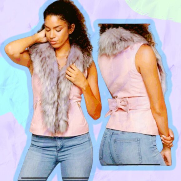Fur Trim Vegan Pink Leather Tapered Fit Zipper Belted Bow Accent Pink Vest - Picture 1 of 10